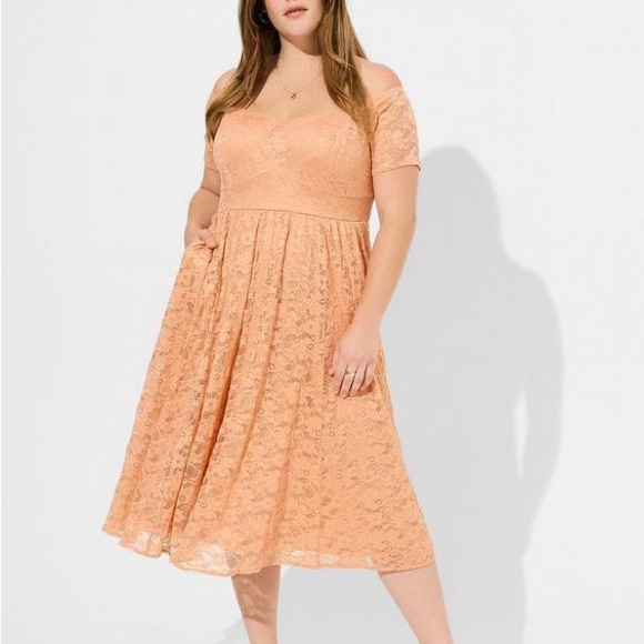 Torrid Mid Lace Off Shoulder Skater Dress peach bloom NWT - Picture 1 of 3